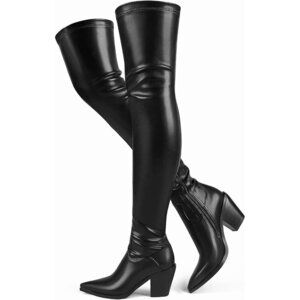 Women Black-1 Synthetic Thigh High Slim Calf Block Chunky Heel Pointed Toe Boots